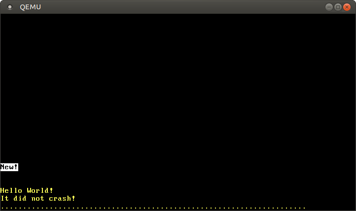 QEMU打印 “It did not crash!”,屏幕中间有四个完全白色的单元格。