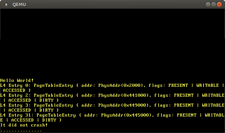 QEMU打印条目0 (0x2000, PRESENT, WRITABLE, ACCESSED),条目1 (0x894000, PRESENT, WRITABLE, ACCESSED, DIRTY),条目31 (0x88e000, PRESENT, WRITABLE, ACCESSED, DIRTY),条目175 (0x891000, PRESENT, WRITABLE, ACCESSED, DIRTY),以及条目504 (0x897000, PRESENT, WRITABLE, ACCESSED, DIRTY)
